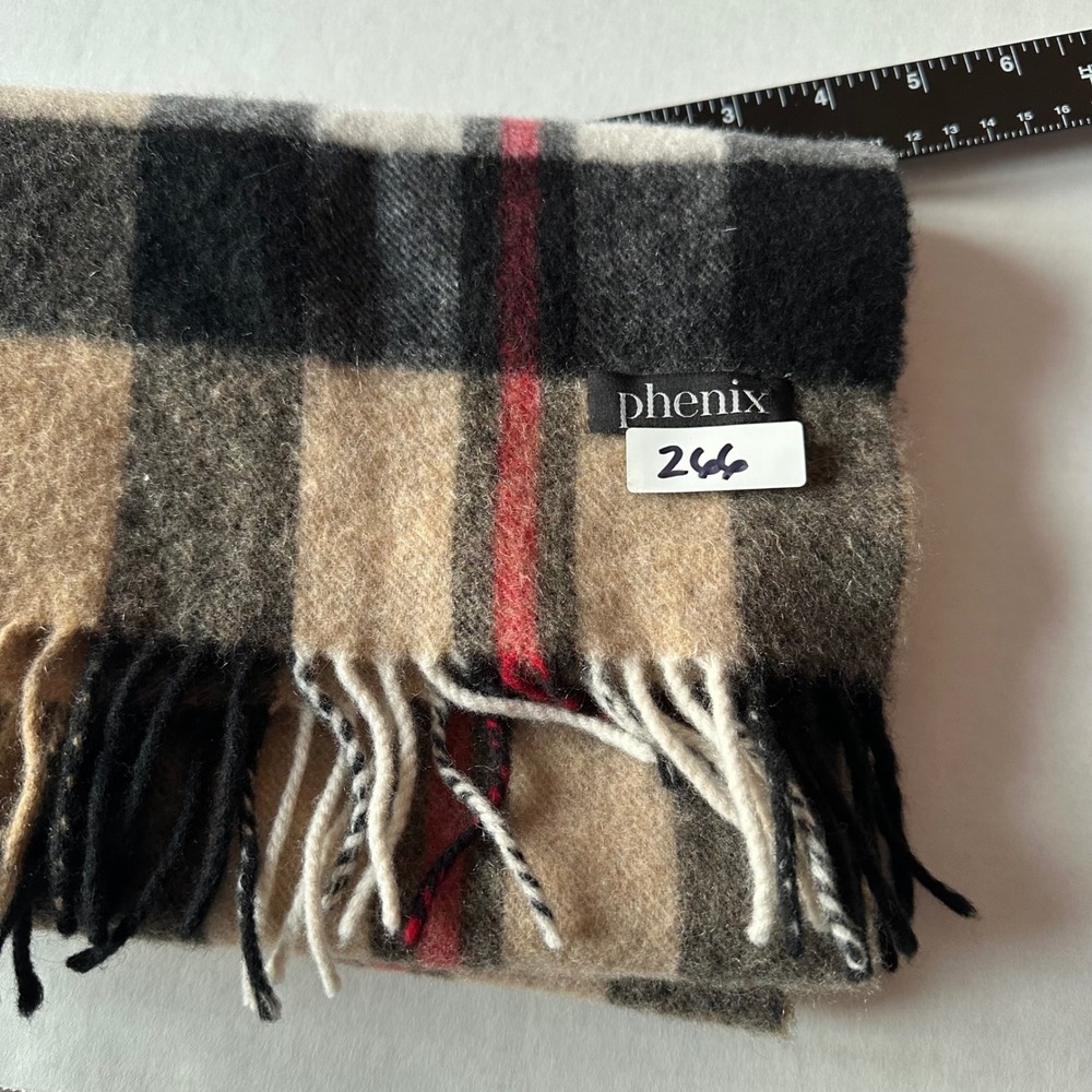 Phenix 100% Cashmere Plaid Scarf Tan Black Red Fringe Unisex Luxury Winter Wrap - Picture 5 of 5